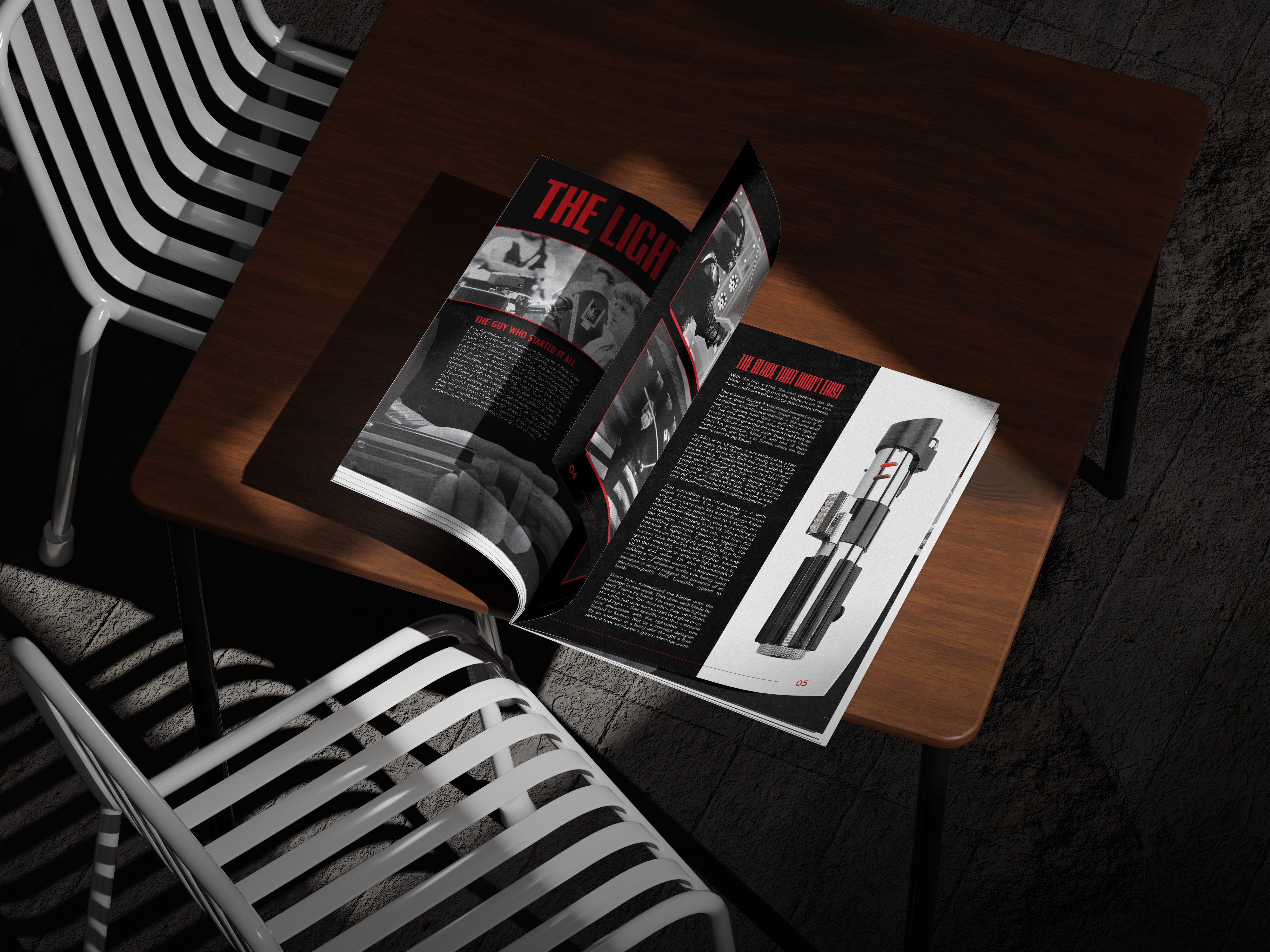 The lightsaber story: spread on a table