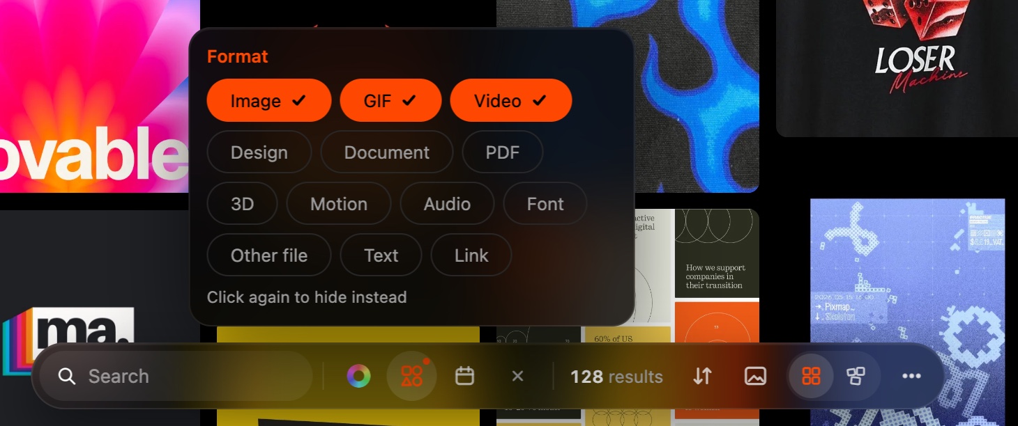 arc's Format filter with Image, GIF and Video chosen: the chosen chips are orange with a tick, and the Format icon in the dock below turns orange with a dot