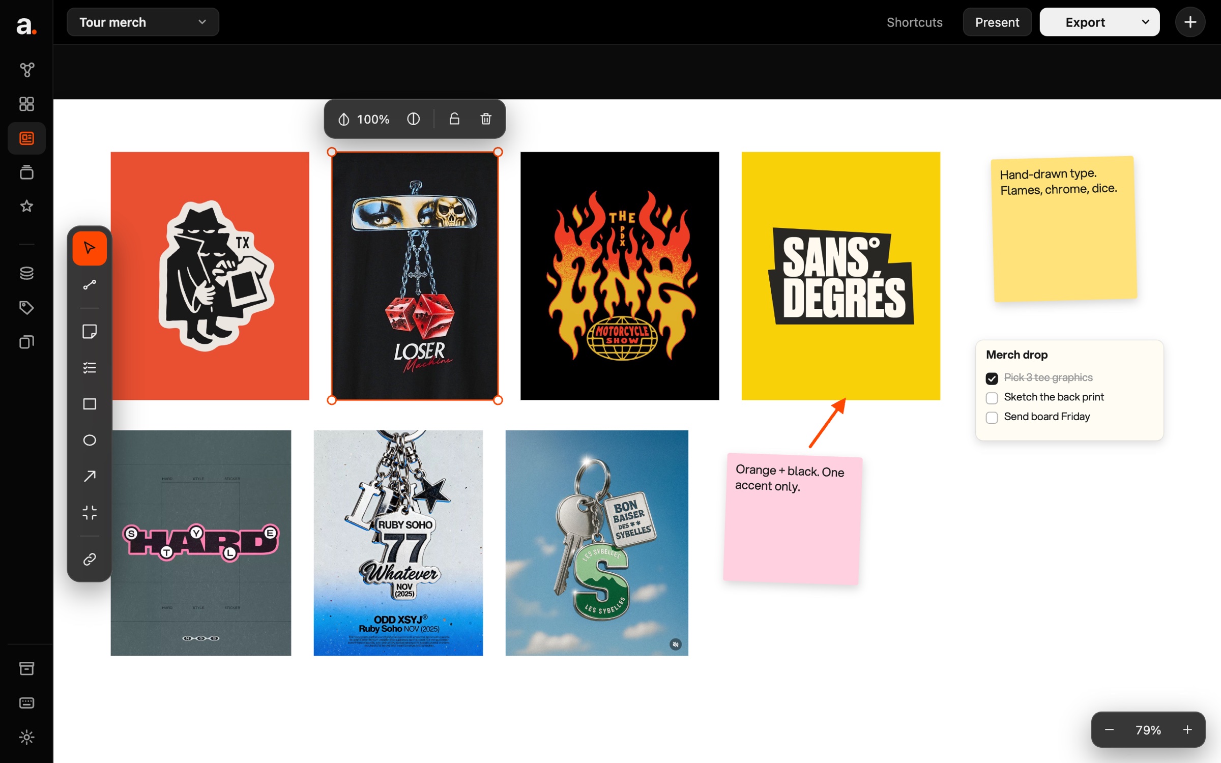 A Tour merch moodboard in arc: seven pins, two sticky notes, an orange arrow and a to-do list, with the tools on the left and one picture selected