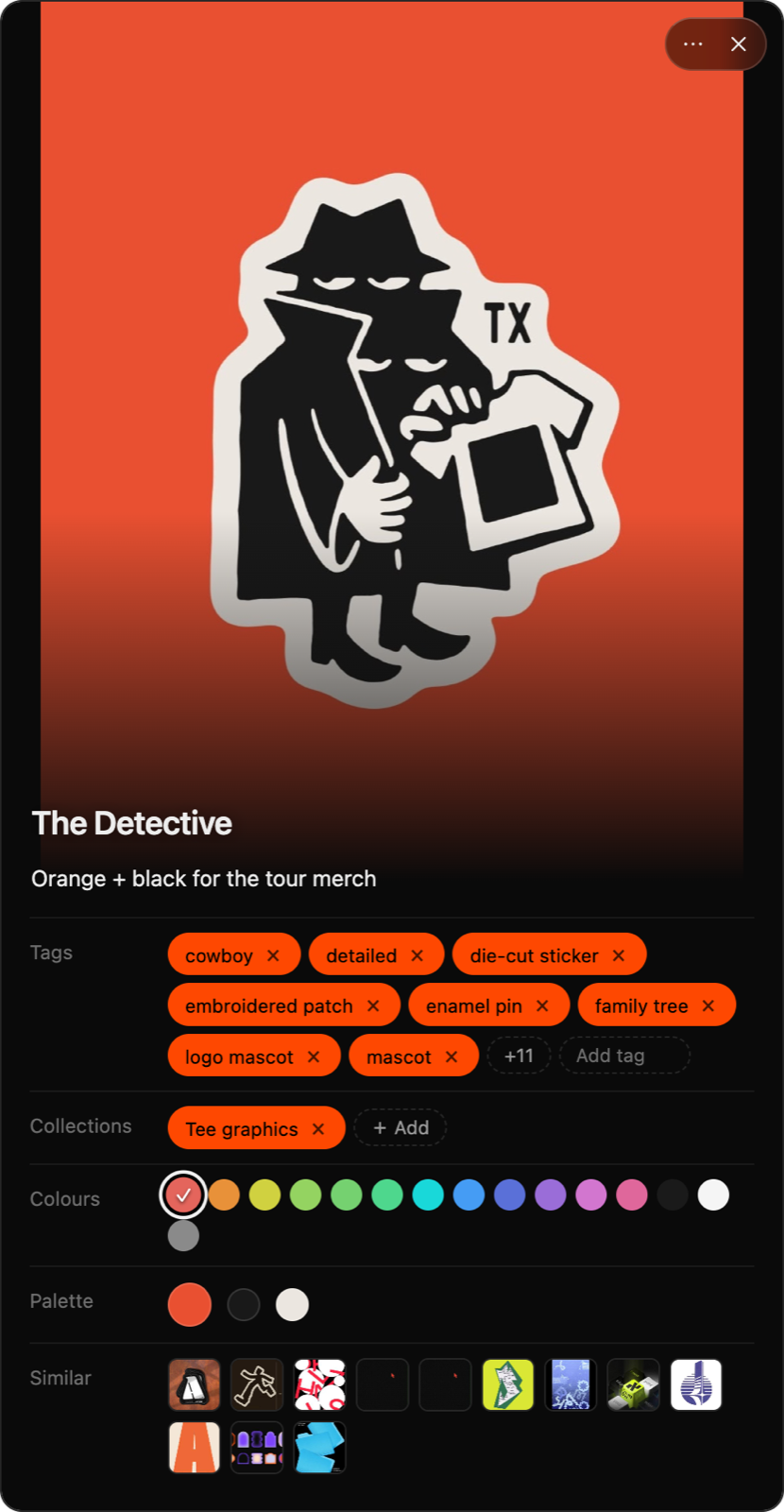The Detective's card in arc: the reason Orange + black for the tour merch, tags added for it, the Tee graphics collection, its colours, palette and similar pictures