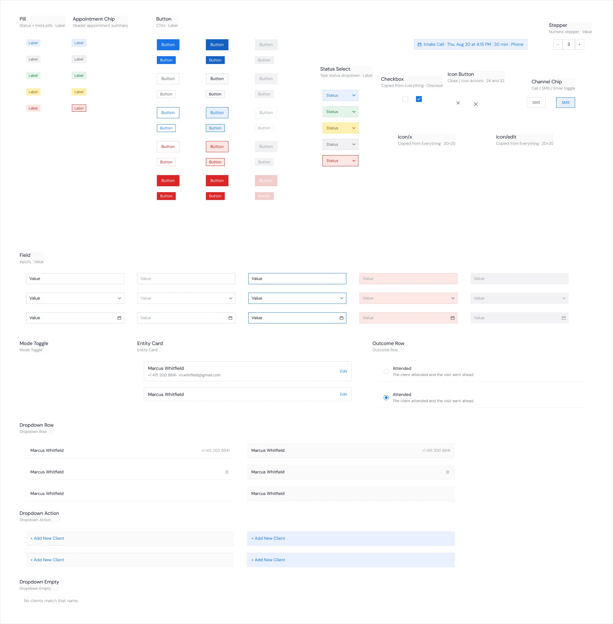 The global component board: pills, appointment chips, buttons in every type, size and state, status selects, a checkbox, icon buttons, channel chips, a stepper, fields in 5 states, a mode toggle, entity cards, outcome rows and dropdown rows