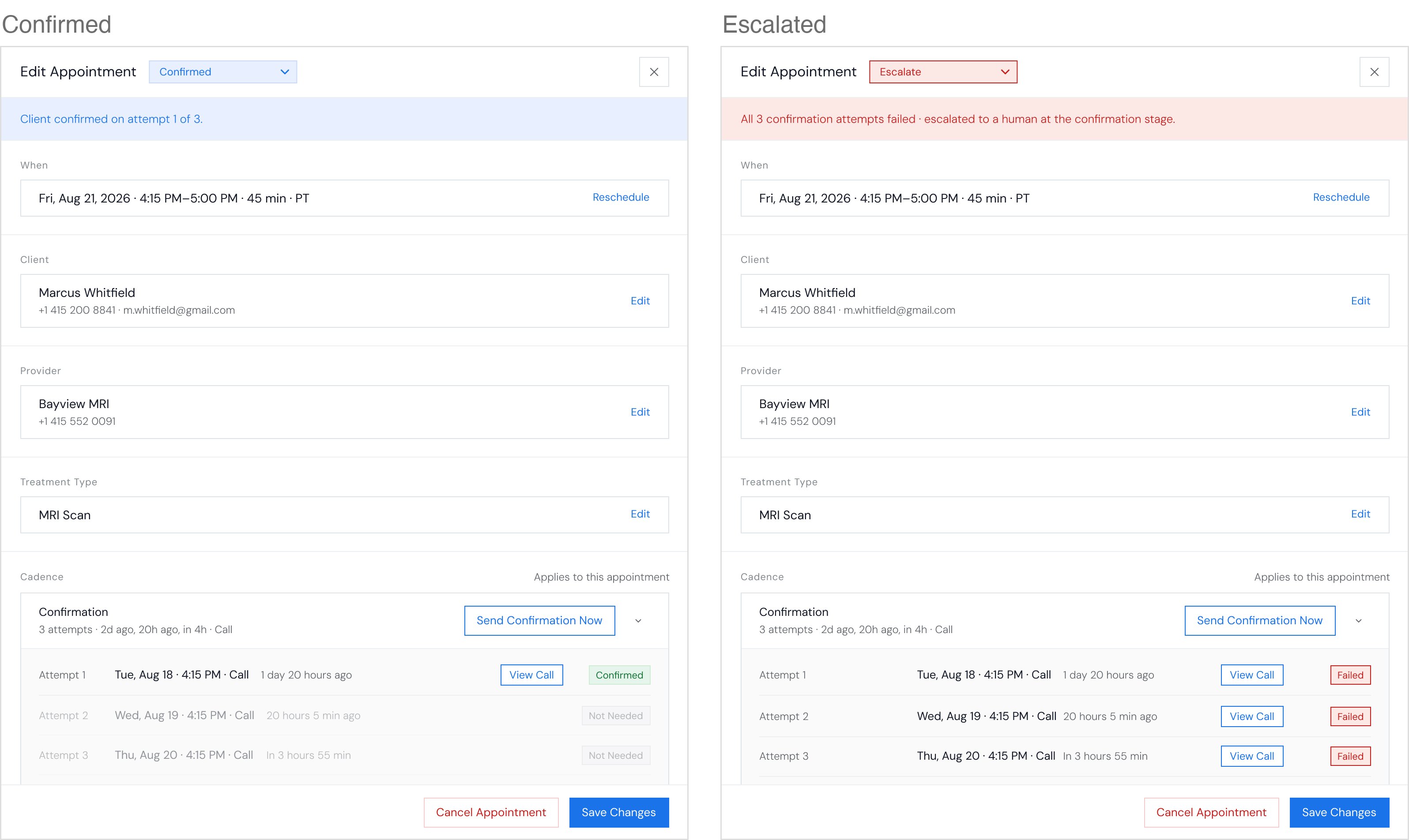 The redesigned modal in Edit mode, confirmed and escalated: a status select with a banner that says why, when with Reschedule, client, clinic and treatment type, call attempts with View Calls, Send Confirmation Now, and Cancel Appointment and Save Changes