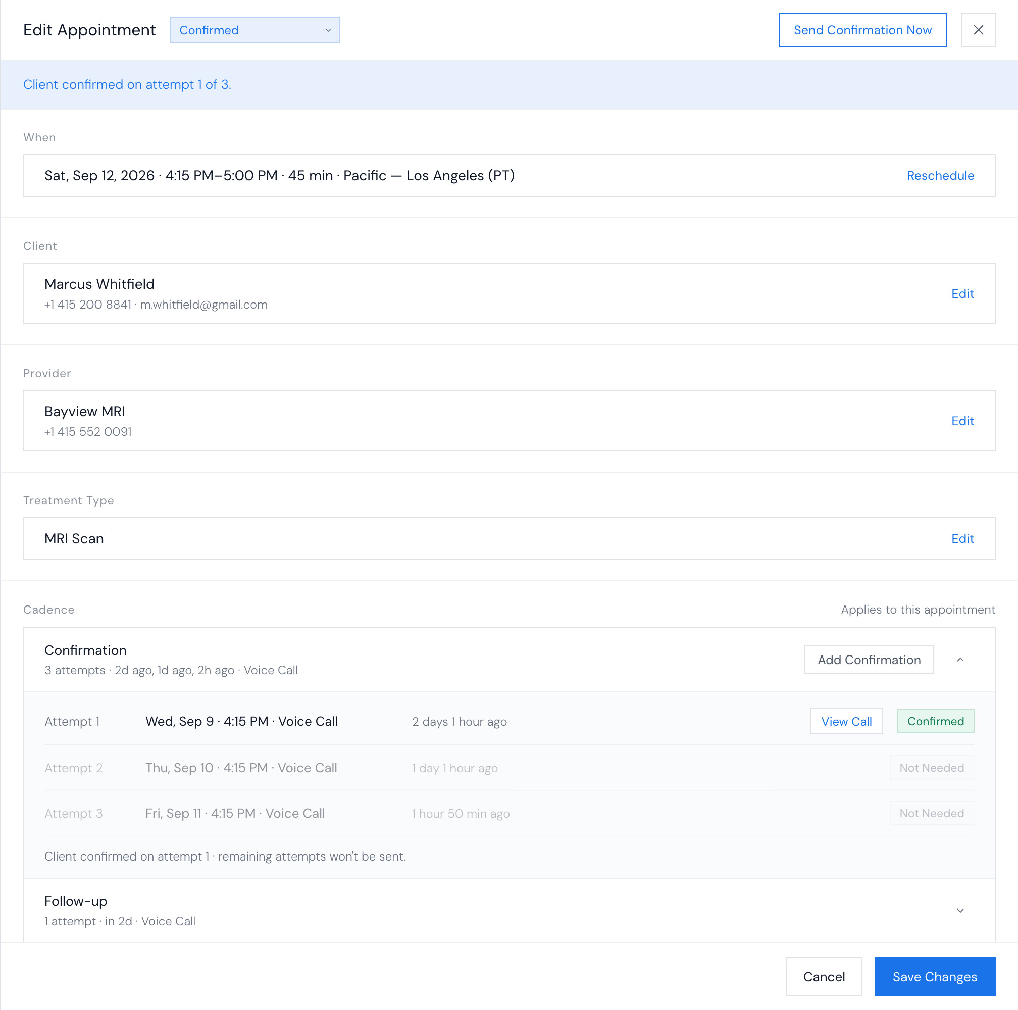 Edit Appointment: a status select, 4 entity cards, buttons, and pills on each call attempt