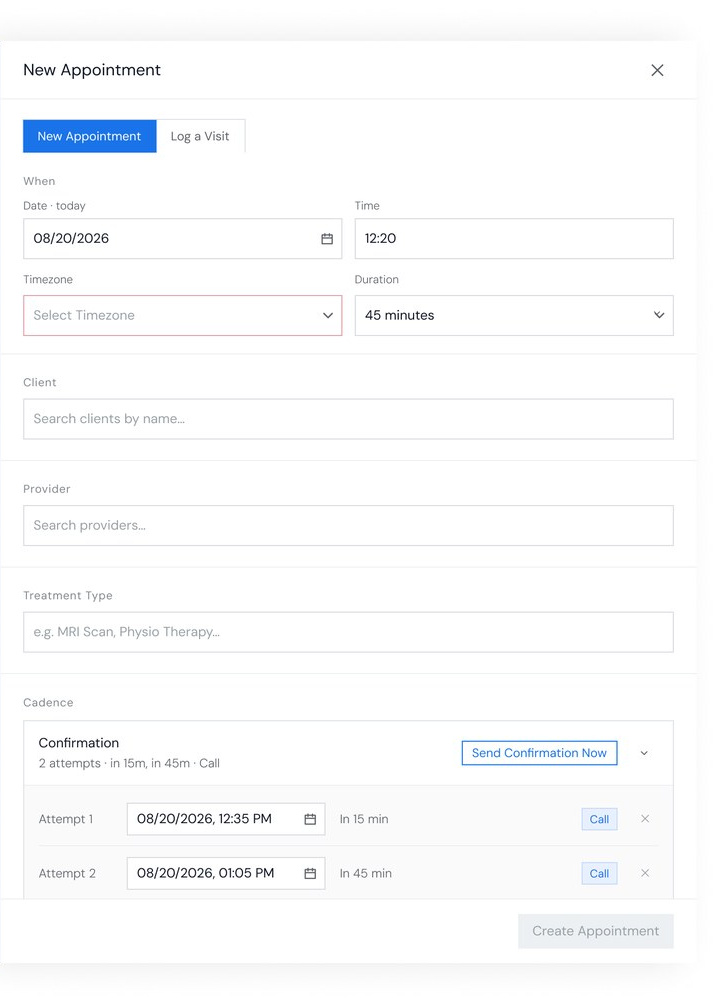 New Appointment: fields, buttons, and a channel chip on each call attempt