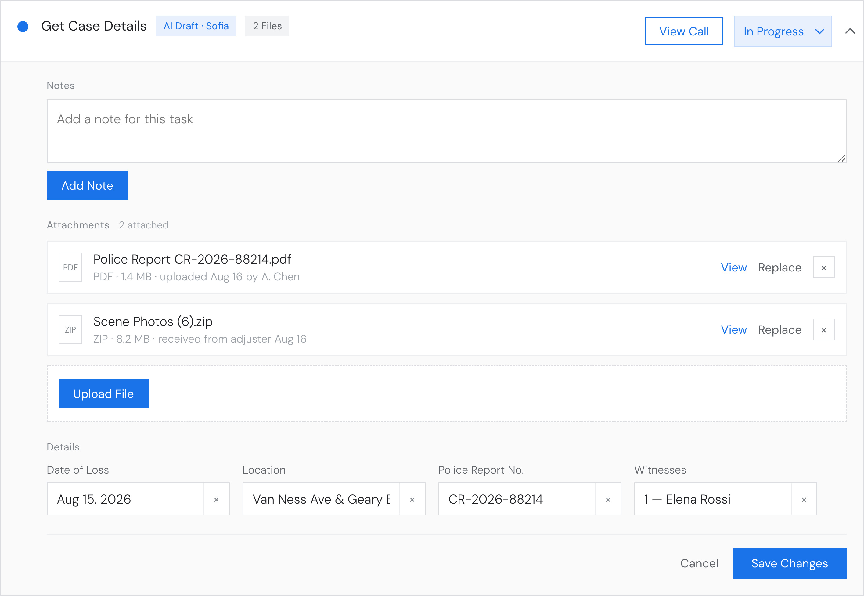 A task opened in the Client Profile: a note field, 4 detail fields, buttons, pills and a status select