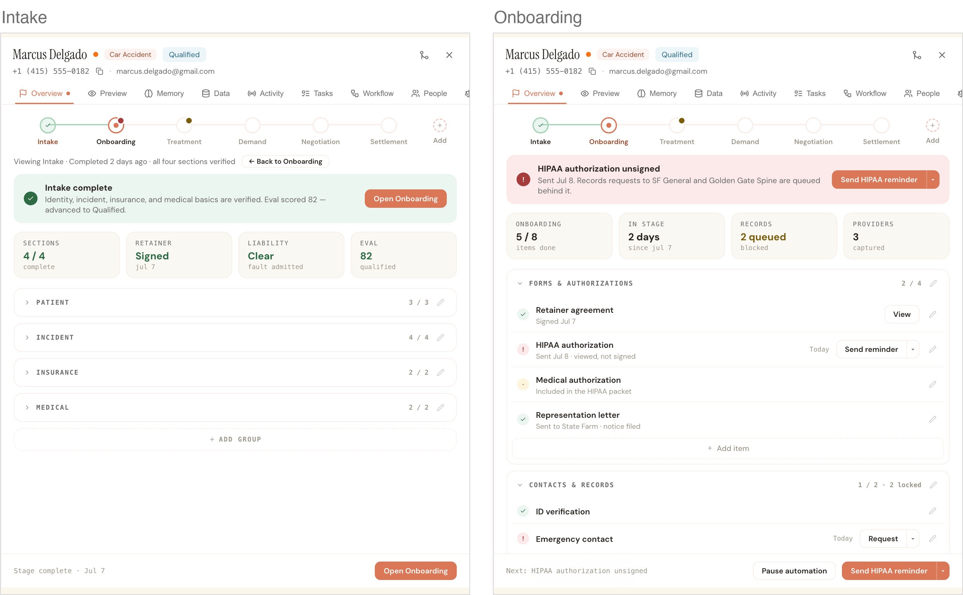 The existing Client Profile, Intake and Onboarding as 2 screens, each with 8 tabs, a 6-stage stepper, banners, stat cards and field groups