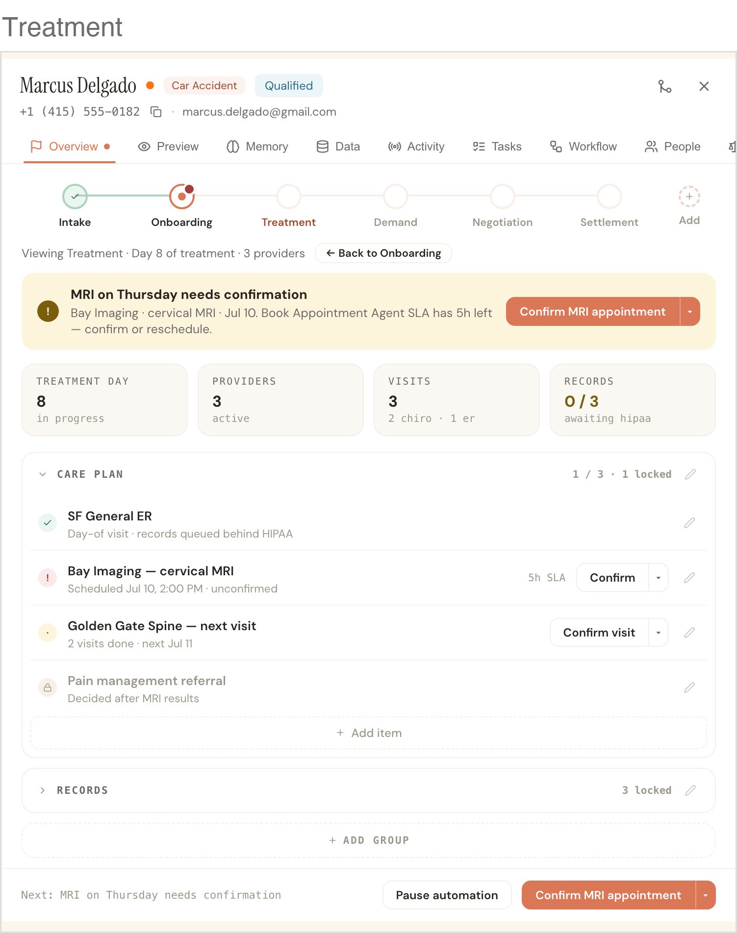 The existing Client Profile, Treatment: a banner, 4 stat cards, a care plan with visits to confirm, some locked, and locked records