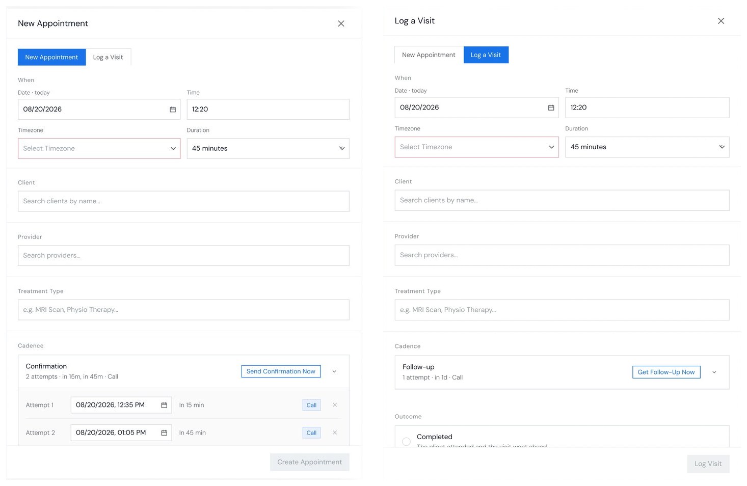 The redesigned modal in Create mode, side by side: New Appointment with when, client, clinic, treatment type and confirmation attempts, and Log a Visit with a follow-up call schedule and an outcome