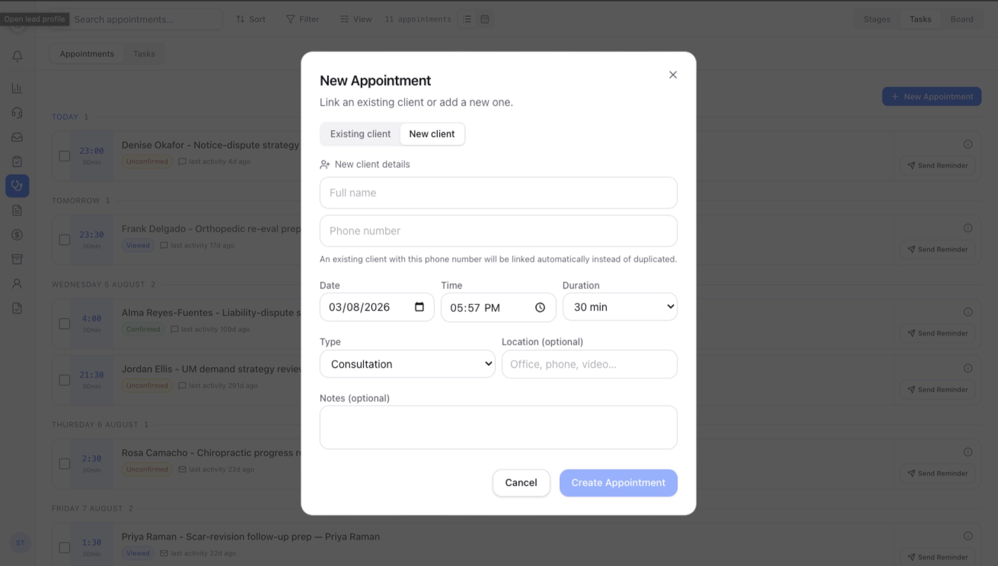 The existing Appointments list with the New Appointment modal open over it: an existing or new client toggle, full name and phone, date, time and duration, a fixed type list, an optional location and notes