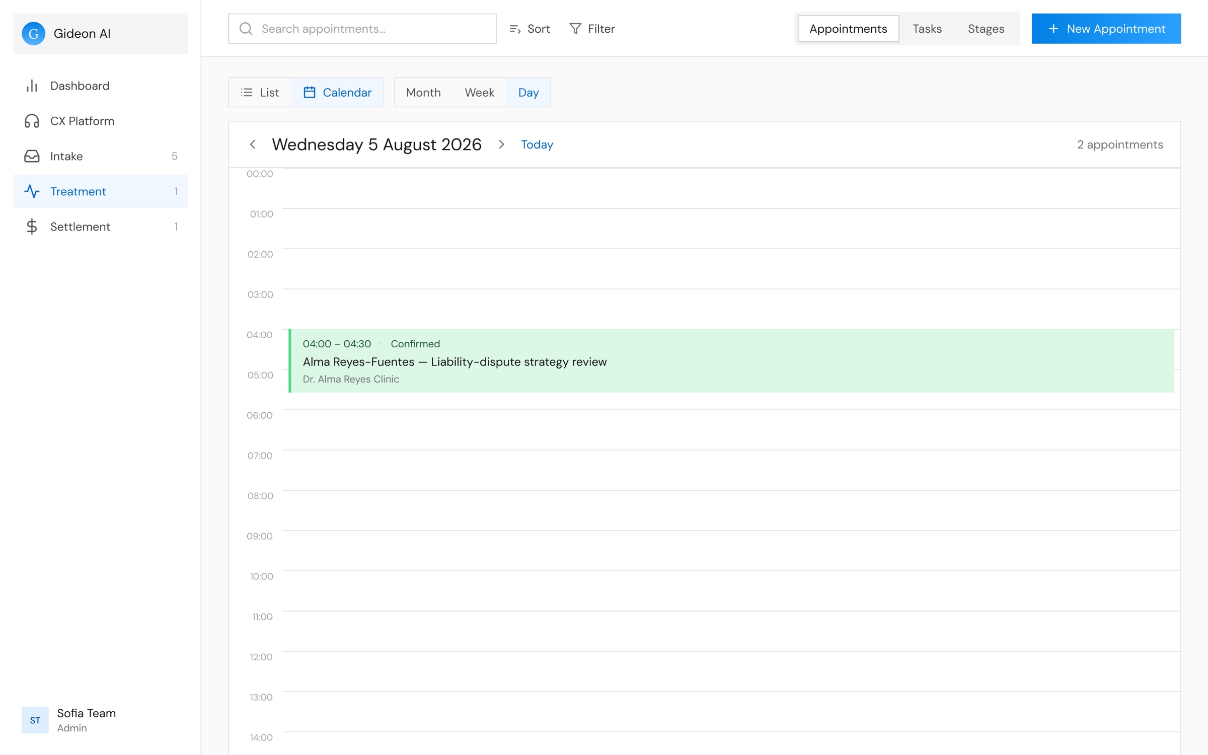 Appointments after: the day calendar with one confirmed appointment