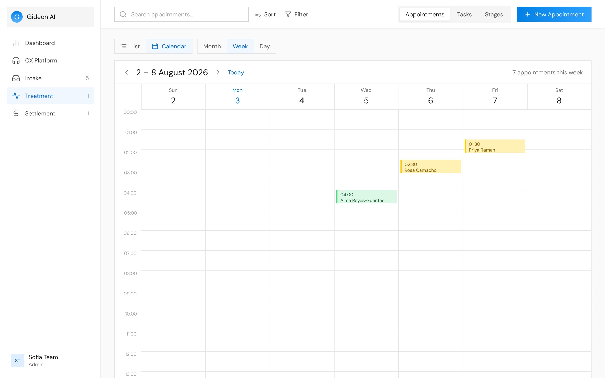 Appointments after: the week calendar with appointments placed by time