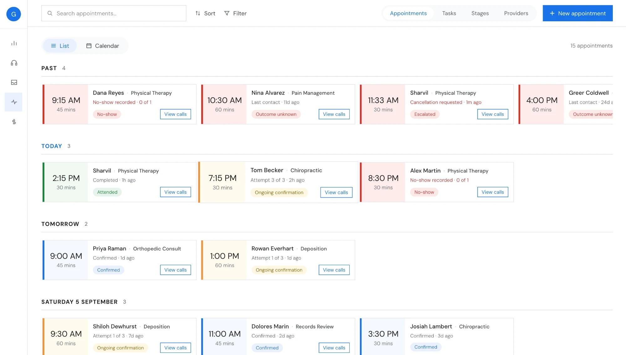 The final Appointments list: compact cards 4 to a row, each with its time, status colour, a status tag and View calls, grouped by day