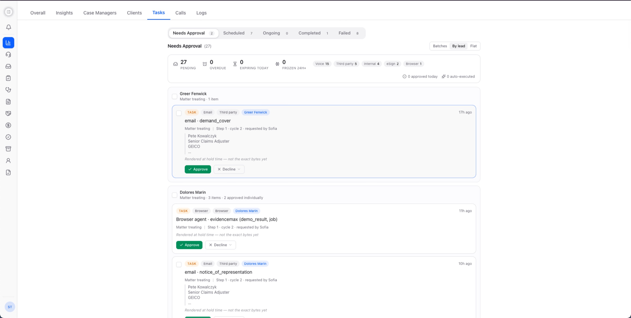 Needs Approval before: every task boxed inside its client, titled with code like email · demand_cover