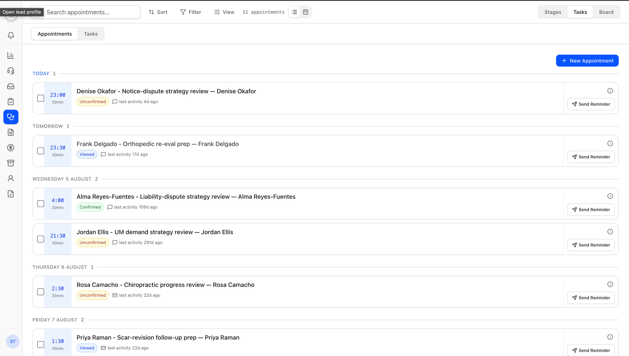 Appointments before: a flat list with a Send Reminder button on every row