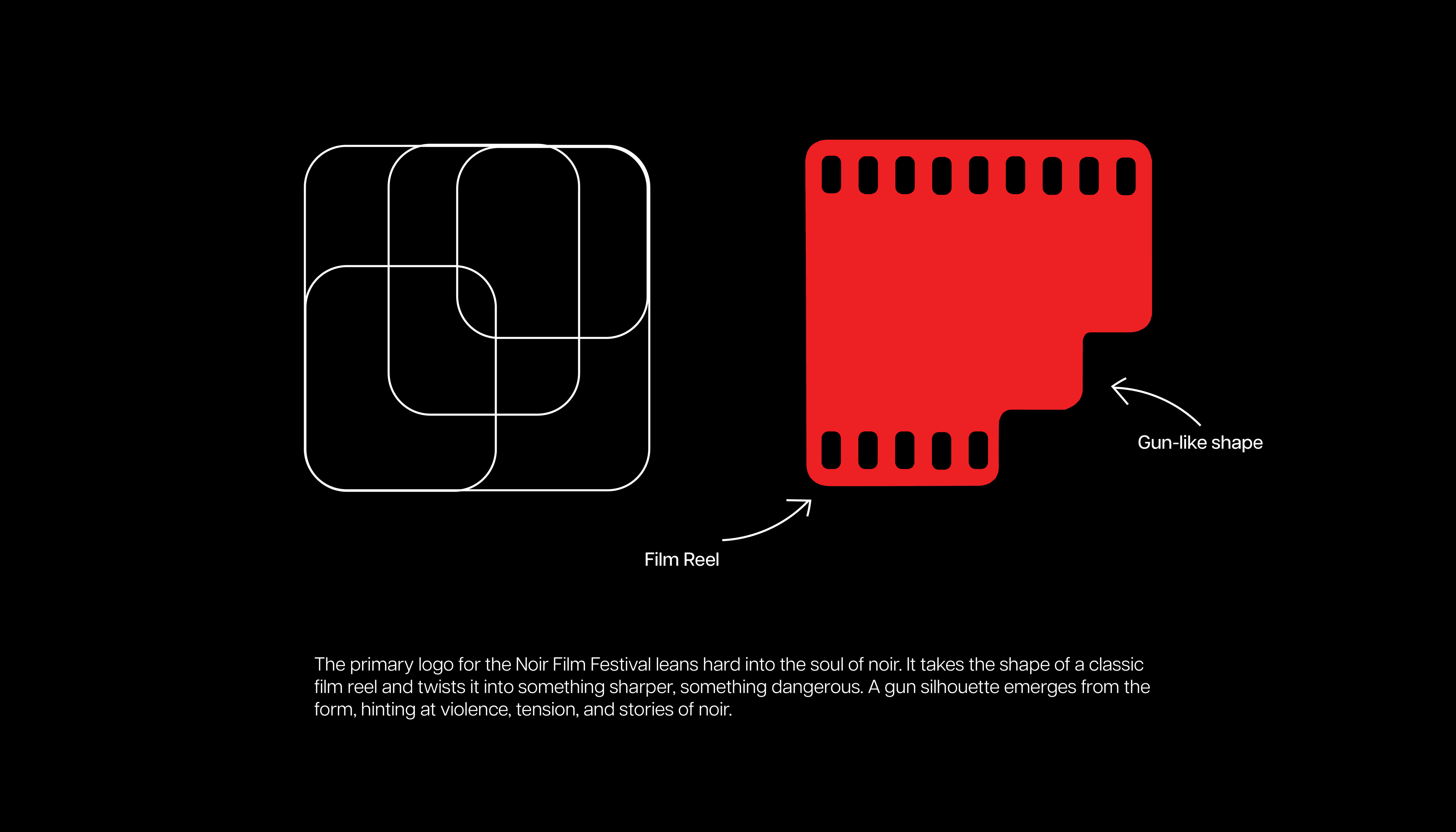 Logo construction: the film reel and the gun-like shape