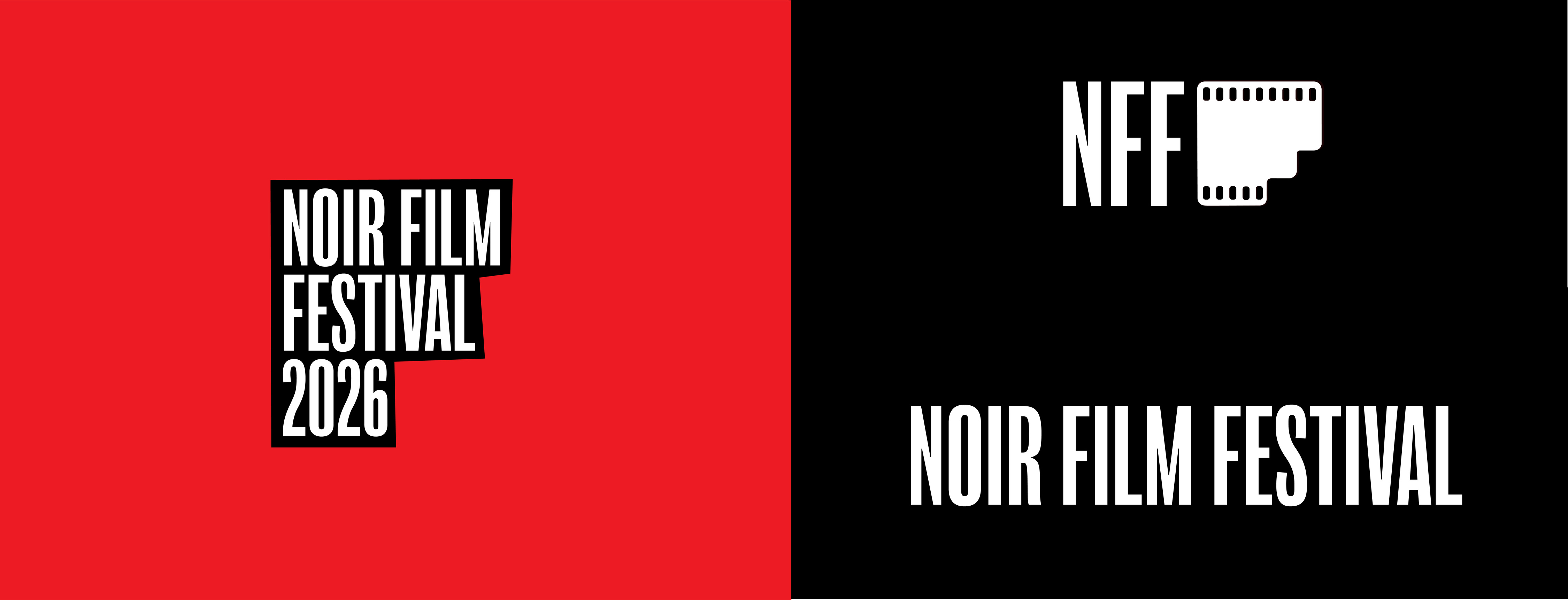 Lock-ups: Noir Film Festival 2026 on red, NFF mark and wordmark on black
