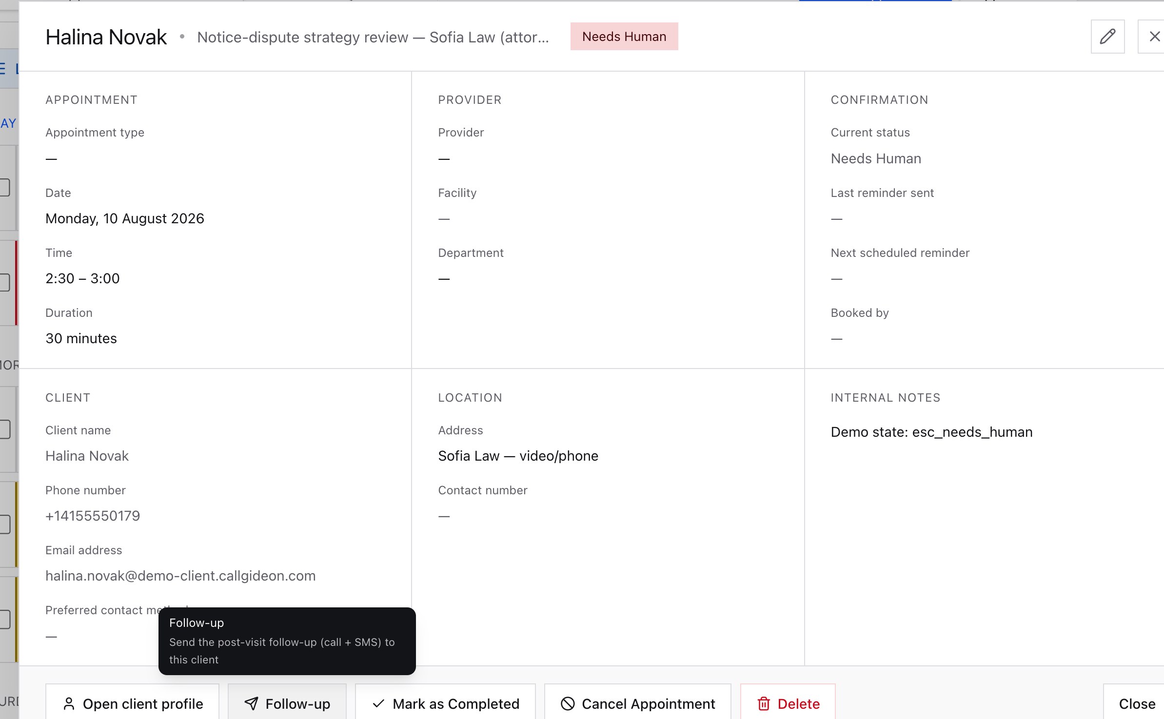 The existing Edit Appointment modal: around 20 read-only fields in 6 panels, a status tag, an edit icon and a close icon at the top, and 6 buttons along the bottom