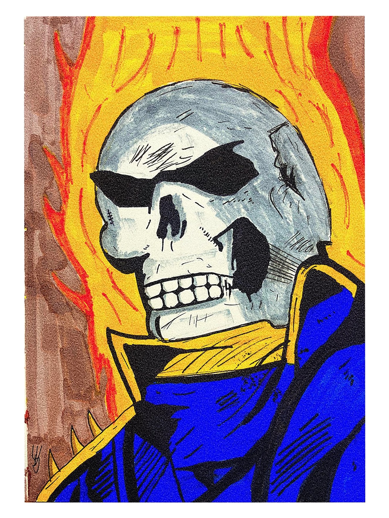 Marker drawing of a flaming skull in a blue jacket