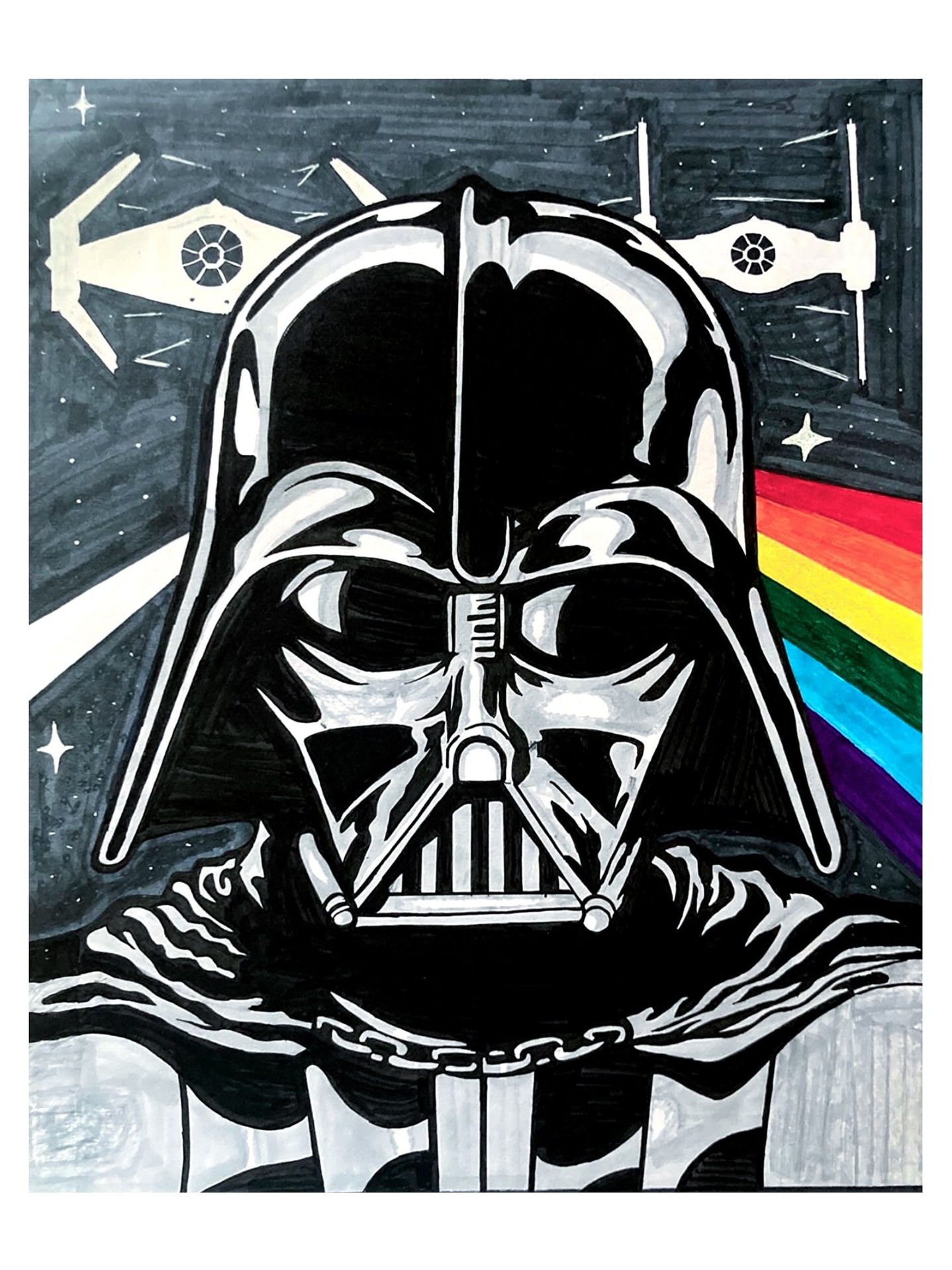 Ink drawing of a helmet in space, with a rainbow and starfighters